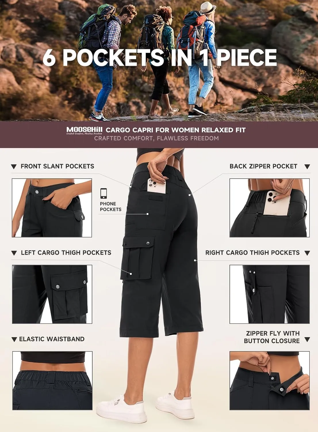 Moosehill Women's-Cargo-Capris-Pants High Waist Waterproof Hiking Casual Travel Summer Pants for Women with 6 Pockets