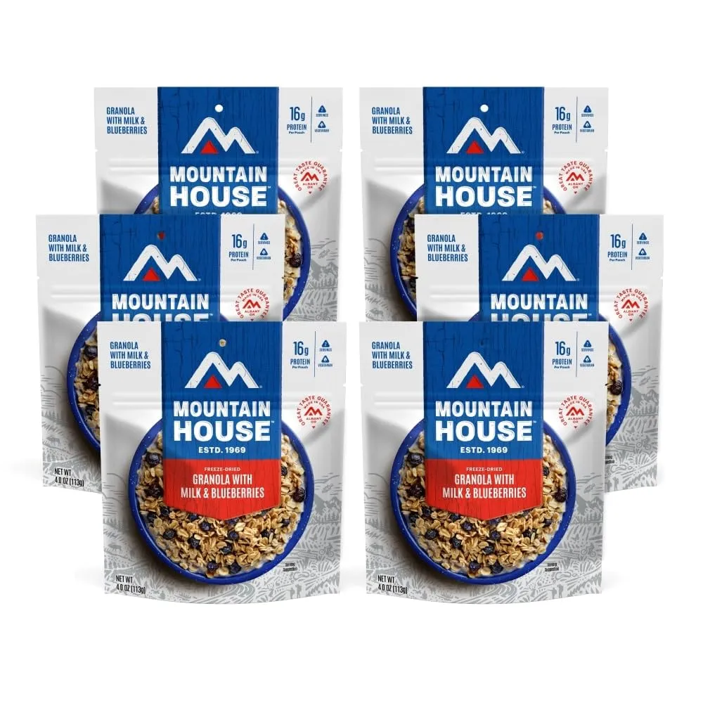 Mountain House Granola with Milk & Blueberries | Freeze Dried Backpacking & Camping Food | 6-Pack (0055450)