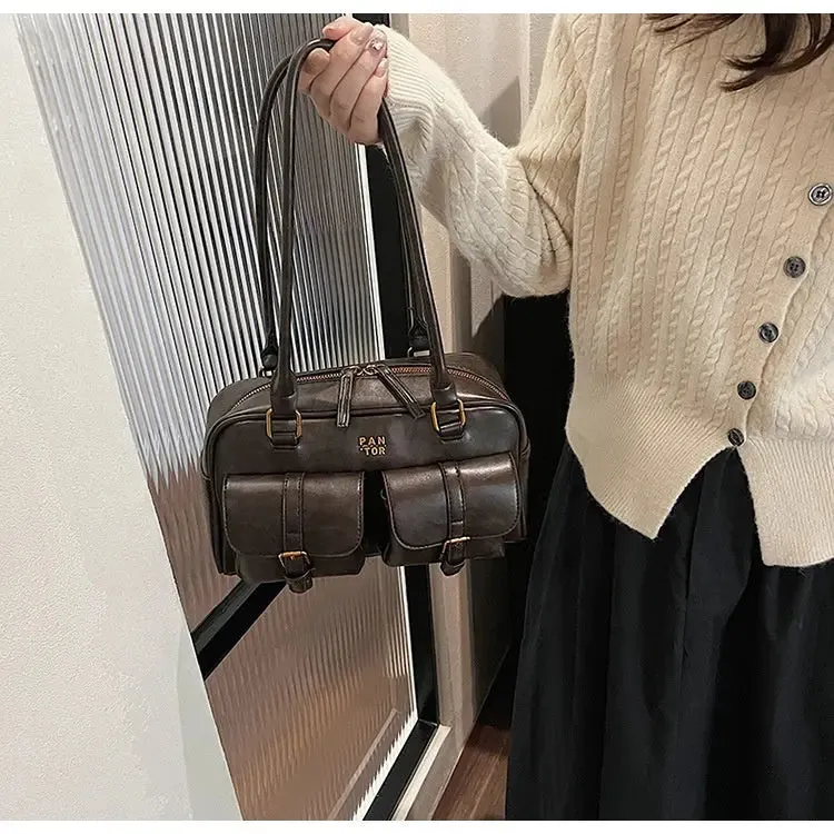 Multi Pocket Glossy Vintage Shoulder Bags