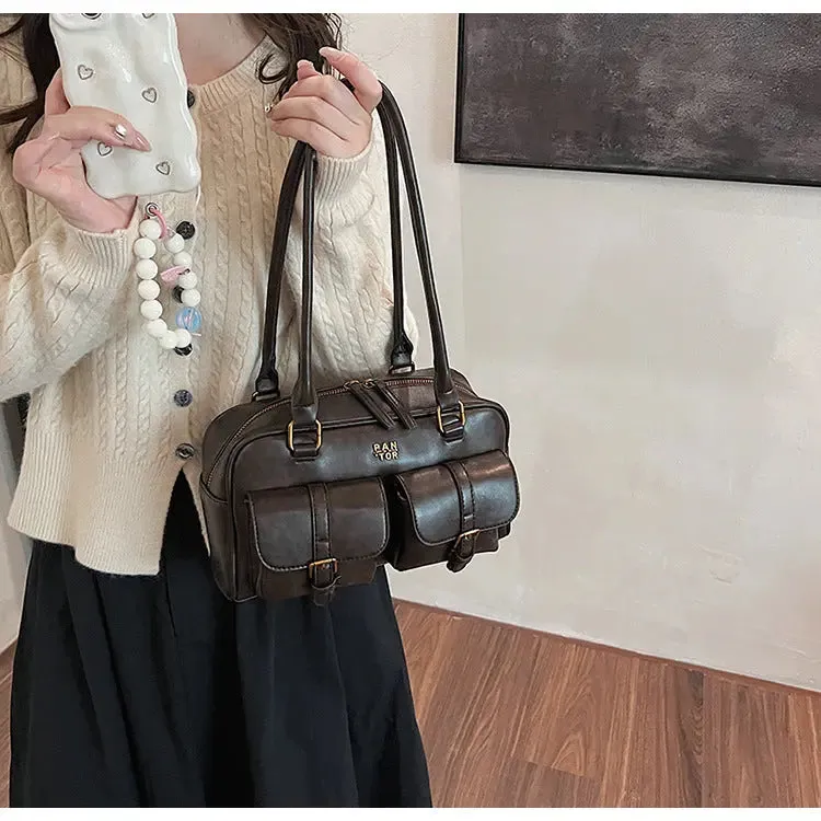 Multi Pocket Glossy Vintage Shoulder Bags