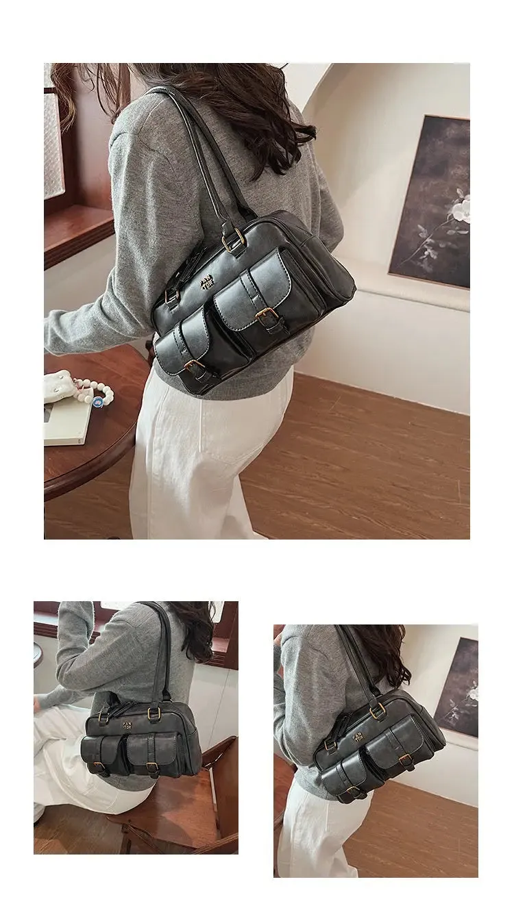 Multi Pocket Glossy Vintage Shoulder Bags