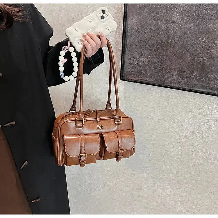 Multi Pocket Glossy Vintage Shoulder Bags
