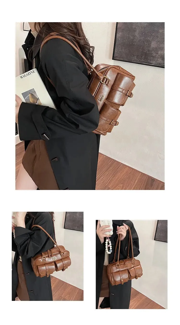 Multi Pocket Glossy Vintage Shoulder Bags