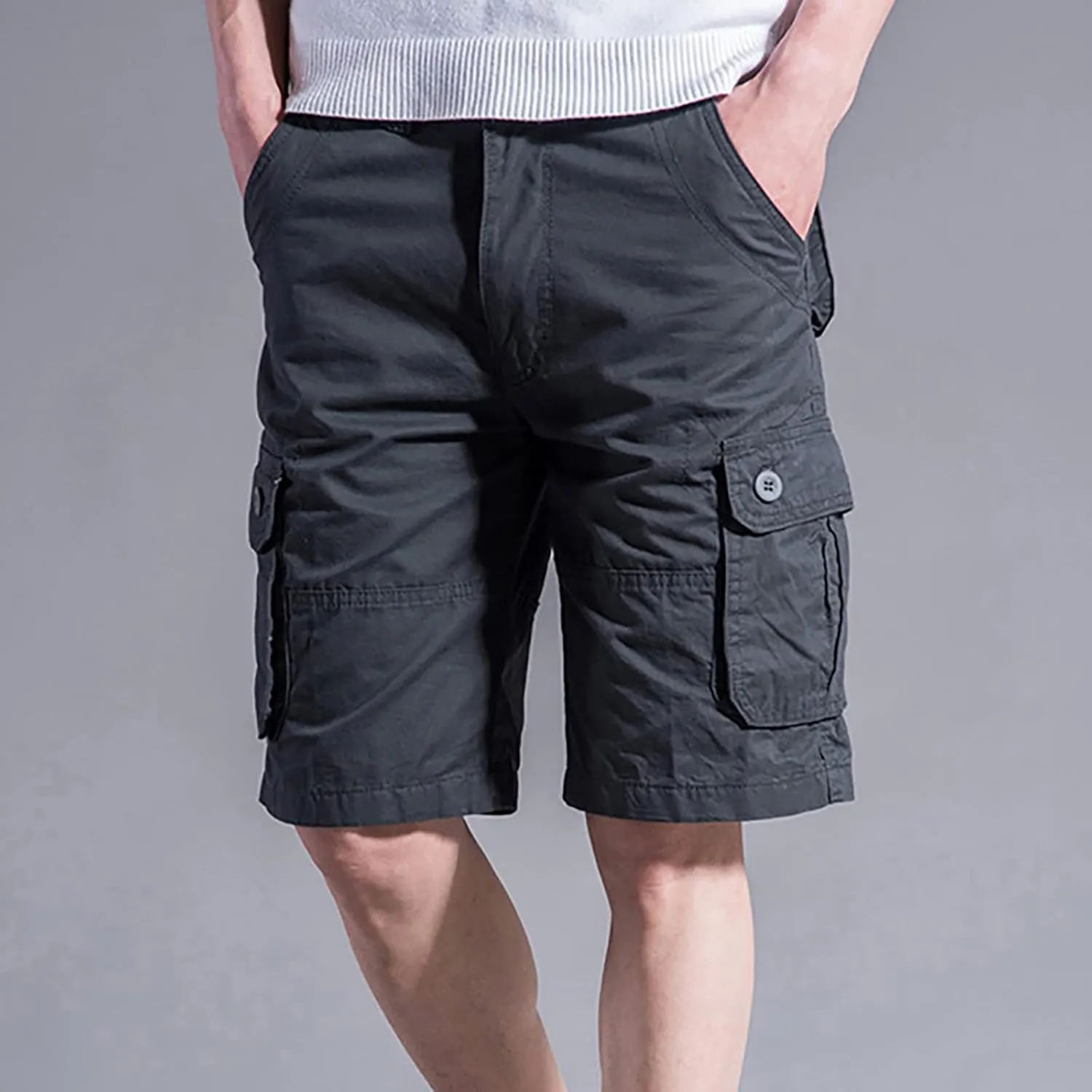 Muscularfit Linen Shorts for Men 2023 Solid Multi Pockets Cargo Shorts Regular Fit Buckle Zipper Sport Utility Tooling Shorts