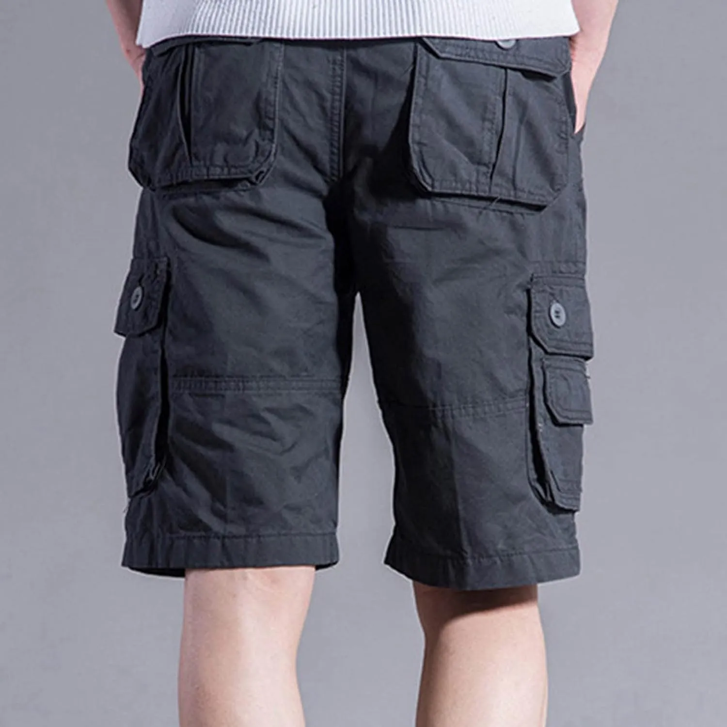 Muscularfit Linen Shorts for Men 2023 Solid Multi Pockets Cargo Shorts Regular Fit Buckle Zipper Sport Utility Tooling Shorts