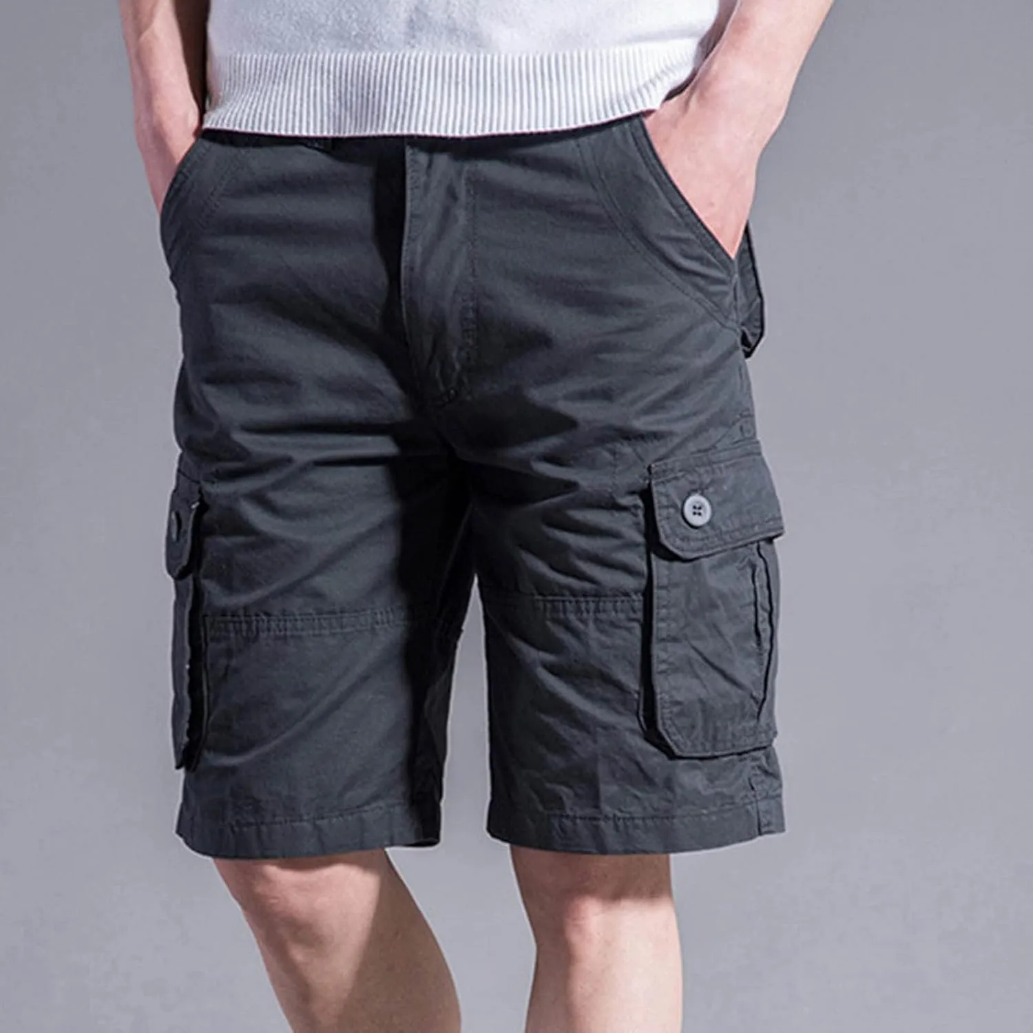 Muscularfit Linen Shorts for Men 2023 Solid Multi Pockets Cargo Shorts Regular Fit Buckle Zipper Sport Utility Tooling Shorts