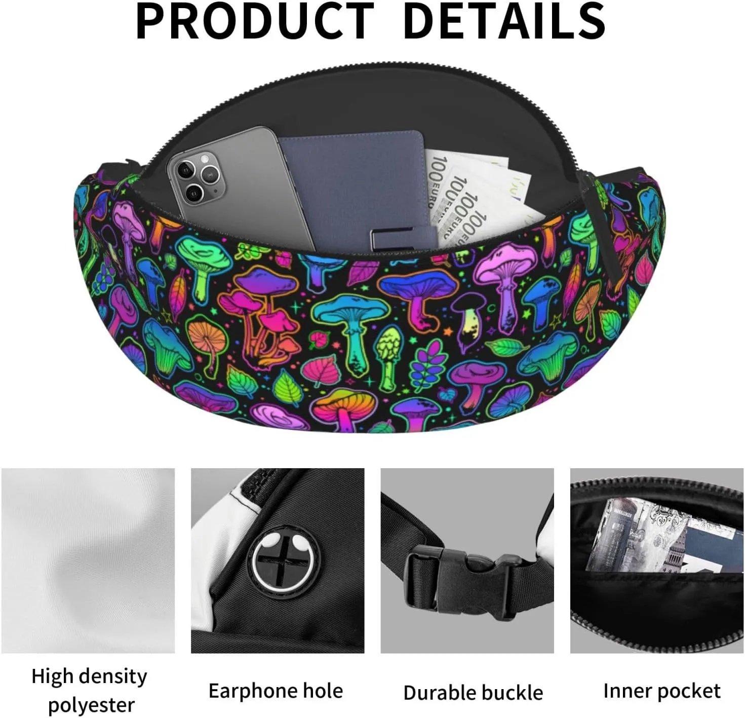Mushrooms Bright Psychedelic Colors Fashion Casual Fanny Pack Waist Bag Men Women Adjustable Belt Waist Bag For Travel Hiking Cycling Running Festival Carnival