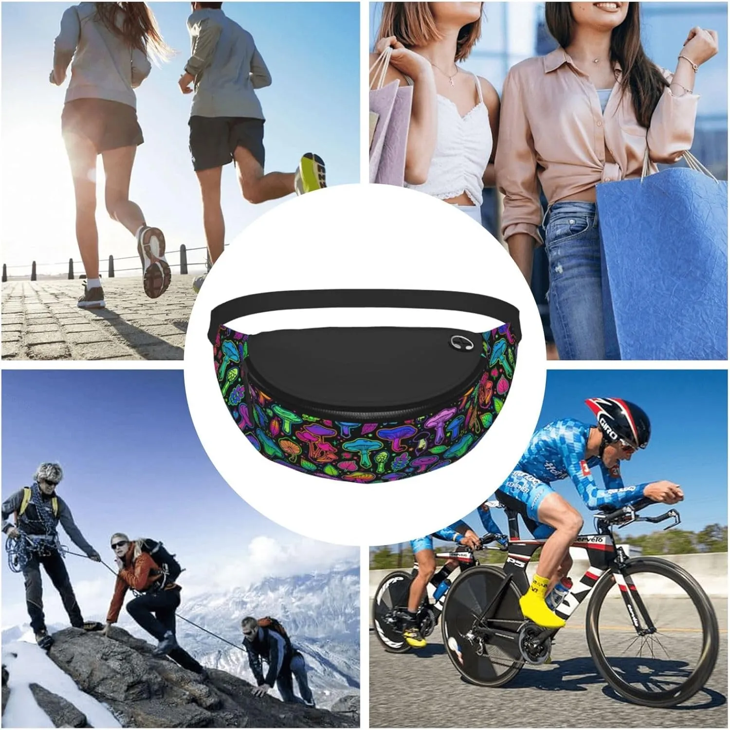 Mushrooms Bright Psychedelic Colors Fashion Casual Fanny Pack Waist Bag Men Women Adjustable Belt Waist Bag For Travel Hiking Cycling Running Festival Carnival