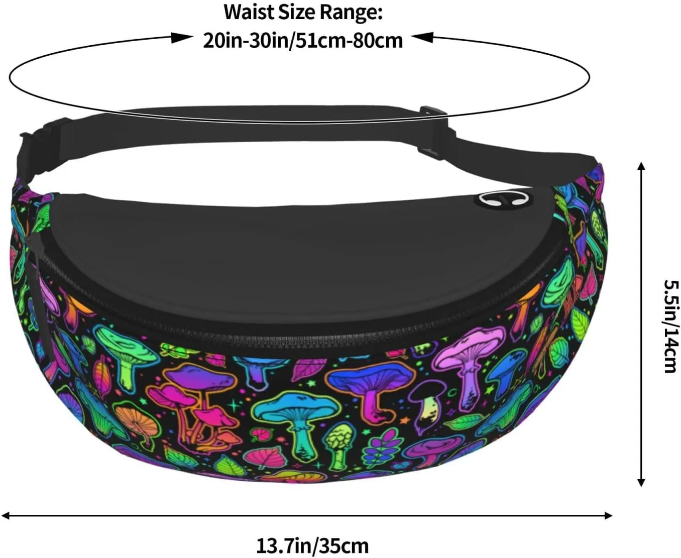 Mushrooms Bright Psychedelic Colors Fashion Casual Fanny Pack Waist Bag Men Women Adjustable Belt Waist Bag For Travel Hiking Cycling Running Festival Carnival