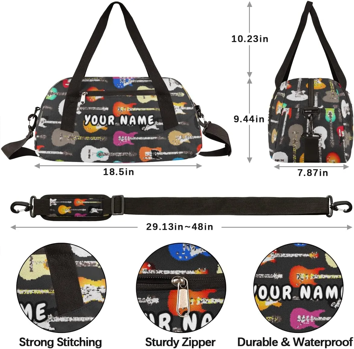 Music Colorful Guitar Personalized Kids Duffel Bag for Girls Boys, Guitar Debris Custom Name Dance Bag Overnight Small Duffel Bag Carry On Weekend Sports Travel Bag for School Practice Gymnastics Ballet