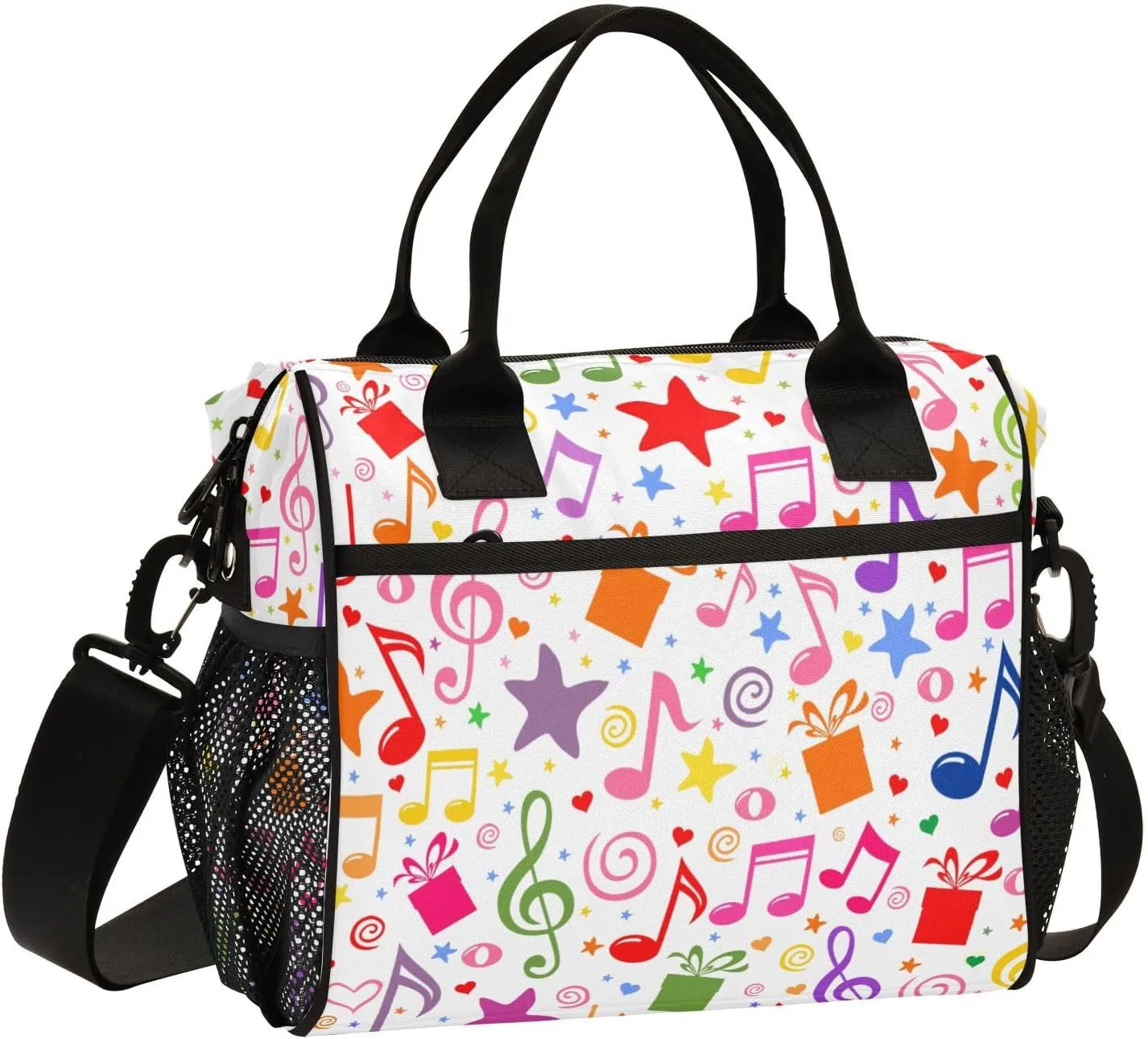 Music Motes Colorful Lunch Bag Reusable Insulated Lunch Box Cooler Tote Removable Shoulder Strap Meal Picnic Bags for Outdoor Travel Office Work Small