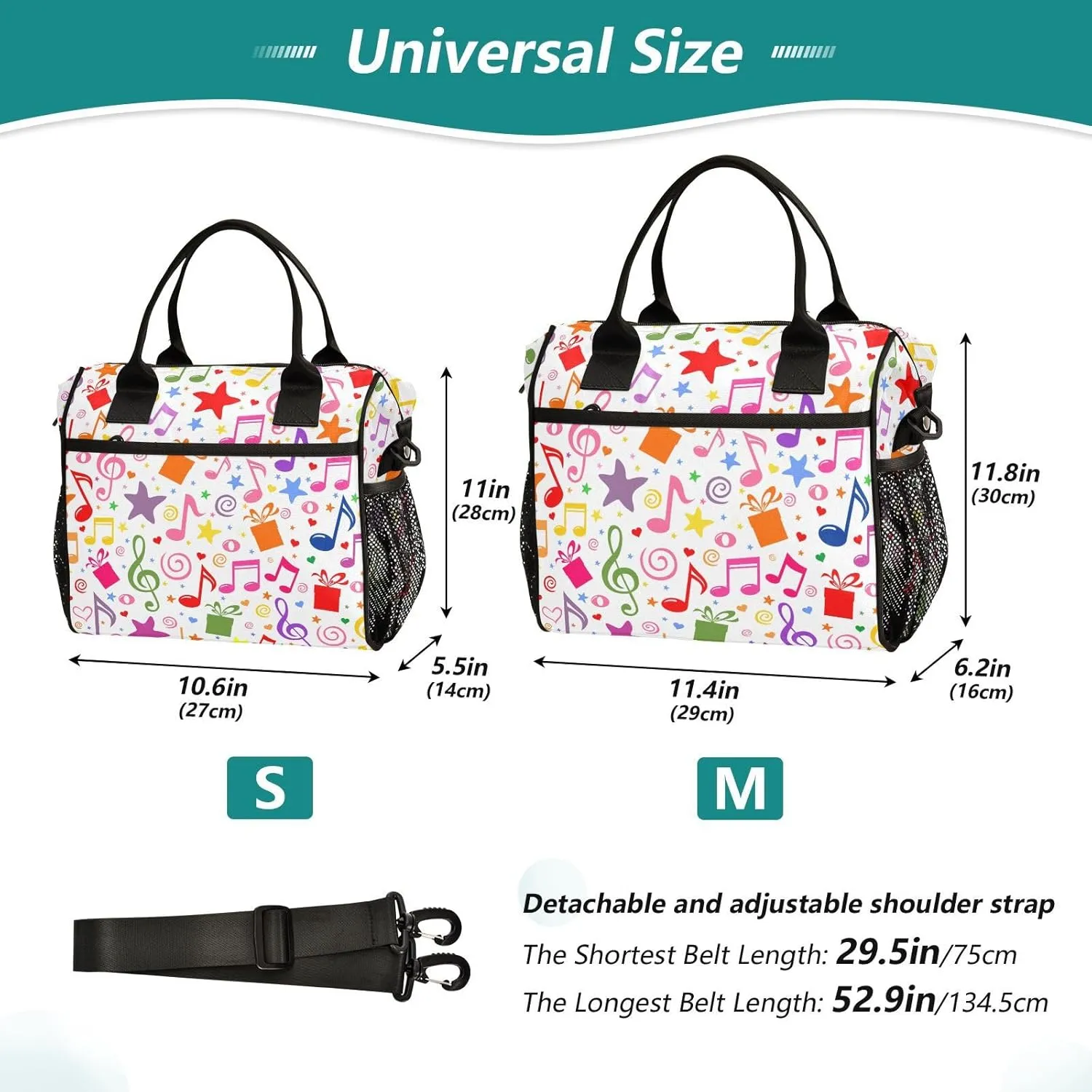 Music Motes Colorful Lunch Bag Reusable Insulated Lunch Box Cooler Tote Removable Shoulder Strap Meal Picnic Bags for Outdoor Travel Office Work Small