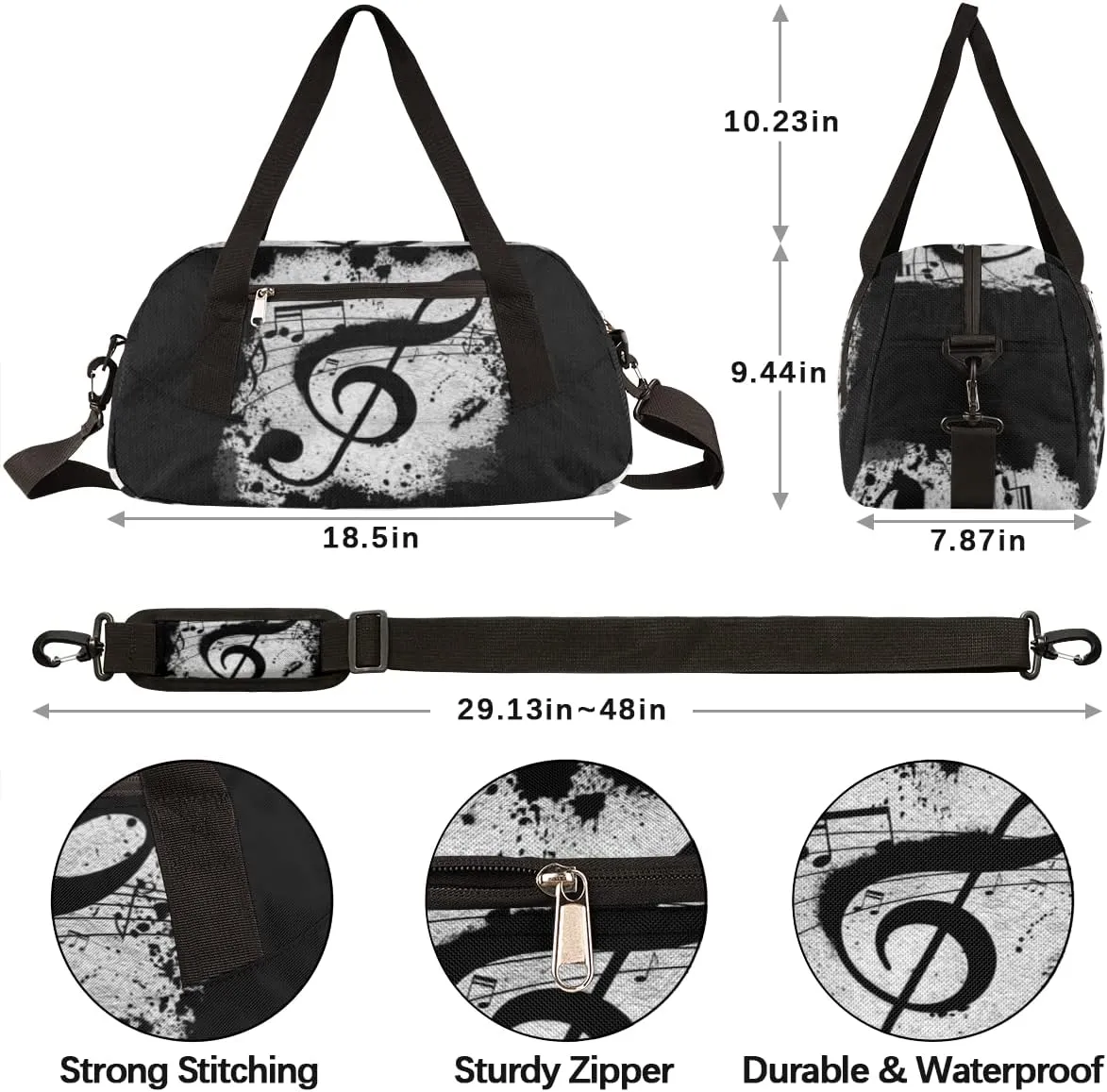 Music Notes Black Kids Duffel Bag for Girls Boys Teens, Notes Oil Painting Dance Bag Overnight Small Duffel Bag Carry On Weekend Sports Gym Travel Bag for School Practice Gymnastics Ballet