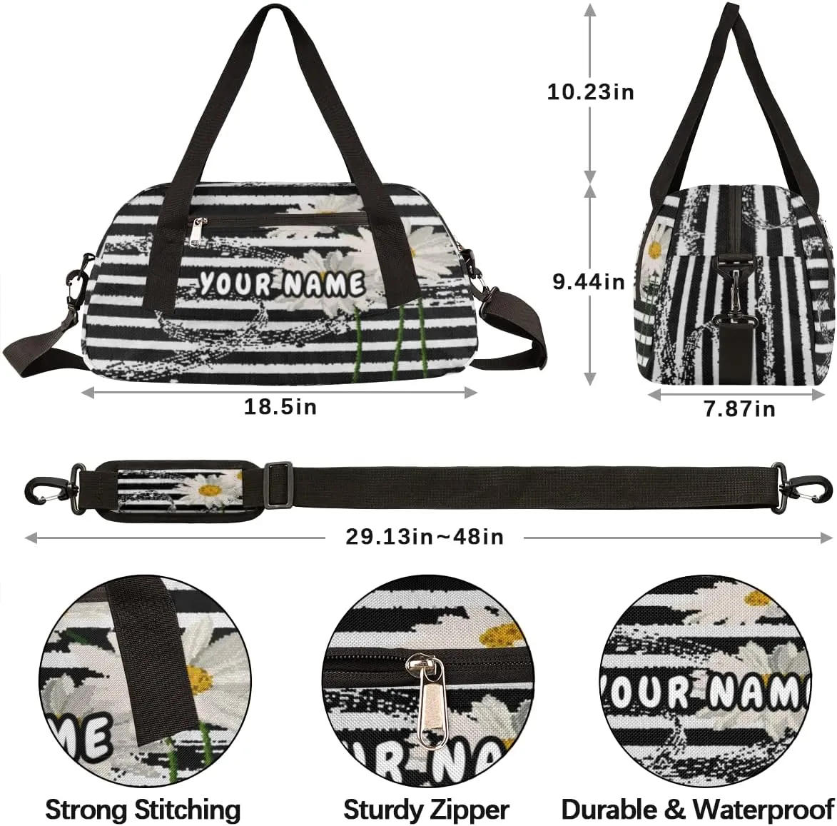 Music Notes Daisies Personalized Kids Duffel Bag for Girls Boys, Music Notes Debris Custom Name Dance Bag Overnight Small Duffel Bag Carry On Weekend Sports Travel Bag for School Practice Gymnastics Ballet