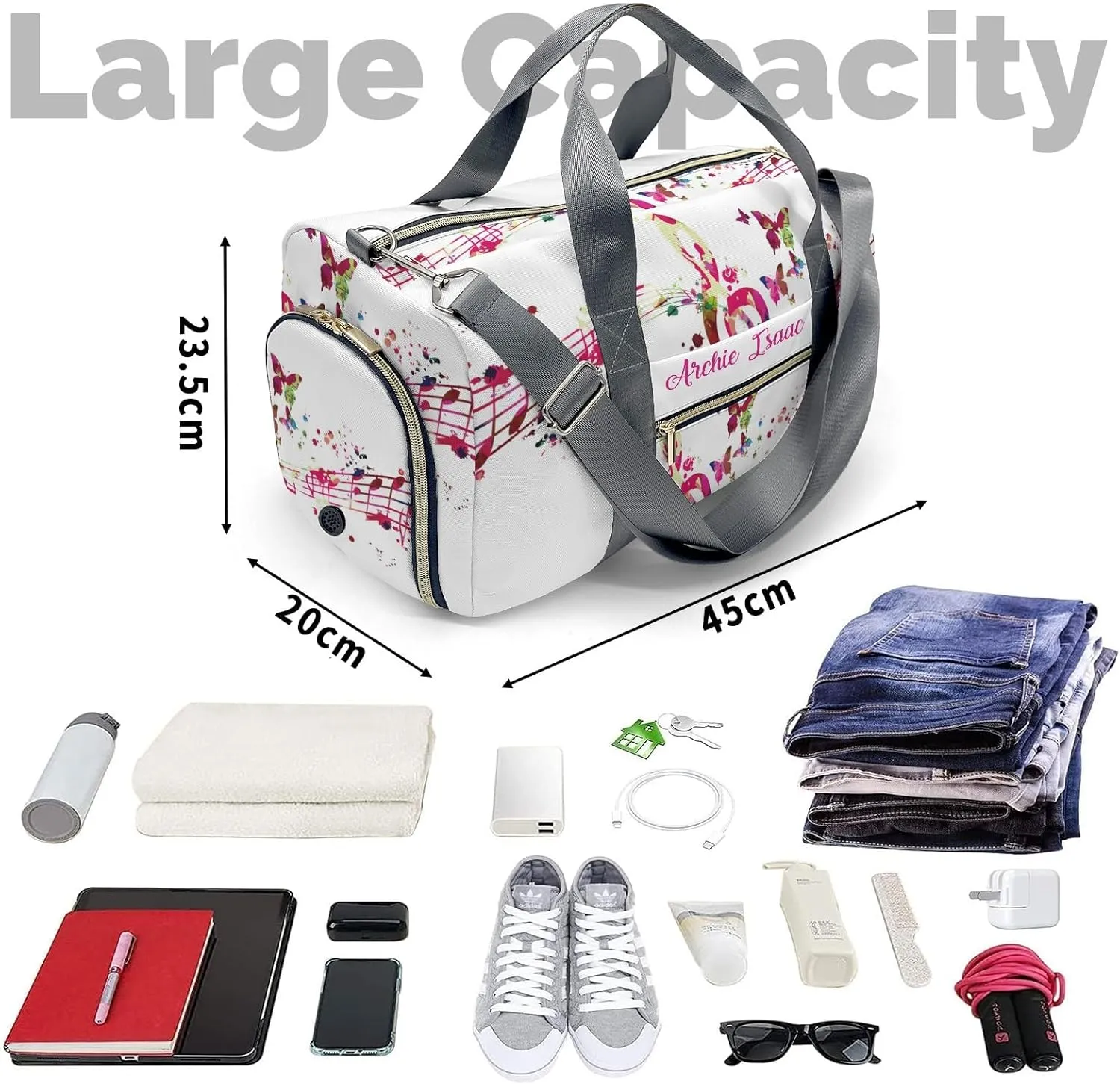 Music Notes Personalized Duffel Bags Customized Multi-Function Travel Bag Gym Sports Bag Dance Ballet Overnight Carry On Weekend Bag
