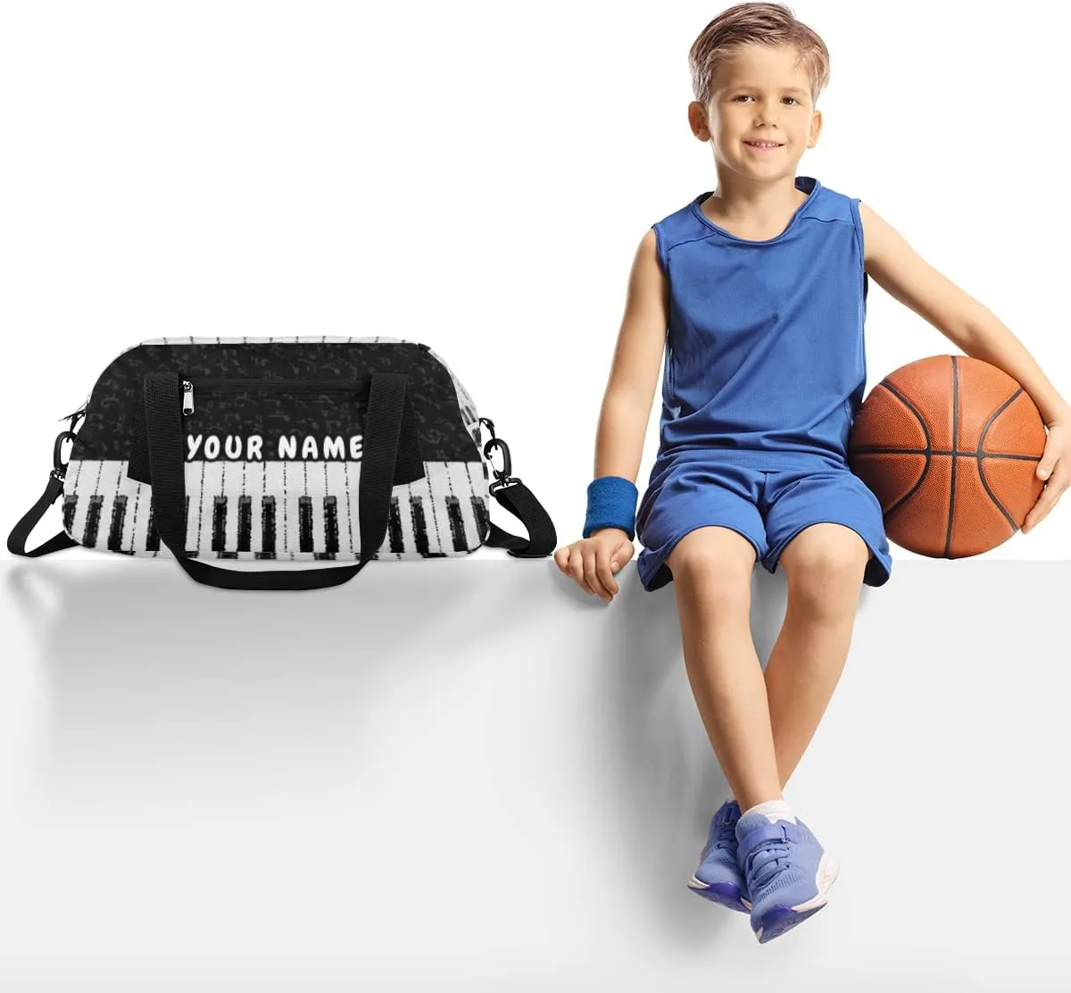 Music Notes Piano Keys Personalized Kids Duffel Bag for Girls, Piano Debris Custom Name Dance Bag Overnight Small Duffel Bag Carry On Weekend Sports Travel Bag for School Practice Gymnastics Ballet