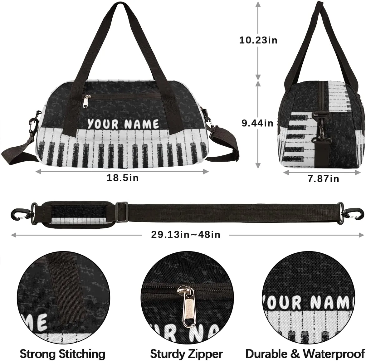 Music Notes Piano Keys Personalized Kids Duffel Bag for Girls, Piano Debris Custom Name Dance Bag Overnight Small Duffel Bag Carry On Weekend Sports Travel Bag for School Practice Gymnastics Ballet