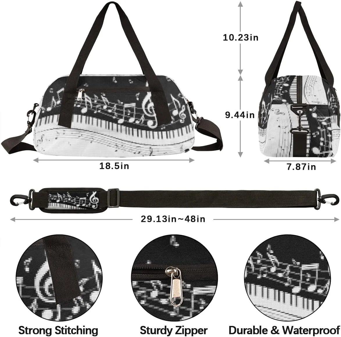 Musical Notes Piano Keys Kids Duffel Bag for Girls Boys Teens, Piano Keys Pixel Wind Dance Bag Overnight Small Duffel Bag Carry On Weekend Sports Gym Travel Bag for School Practice Gymnastics Ballet