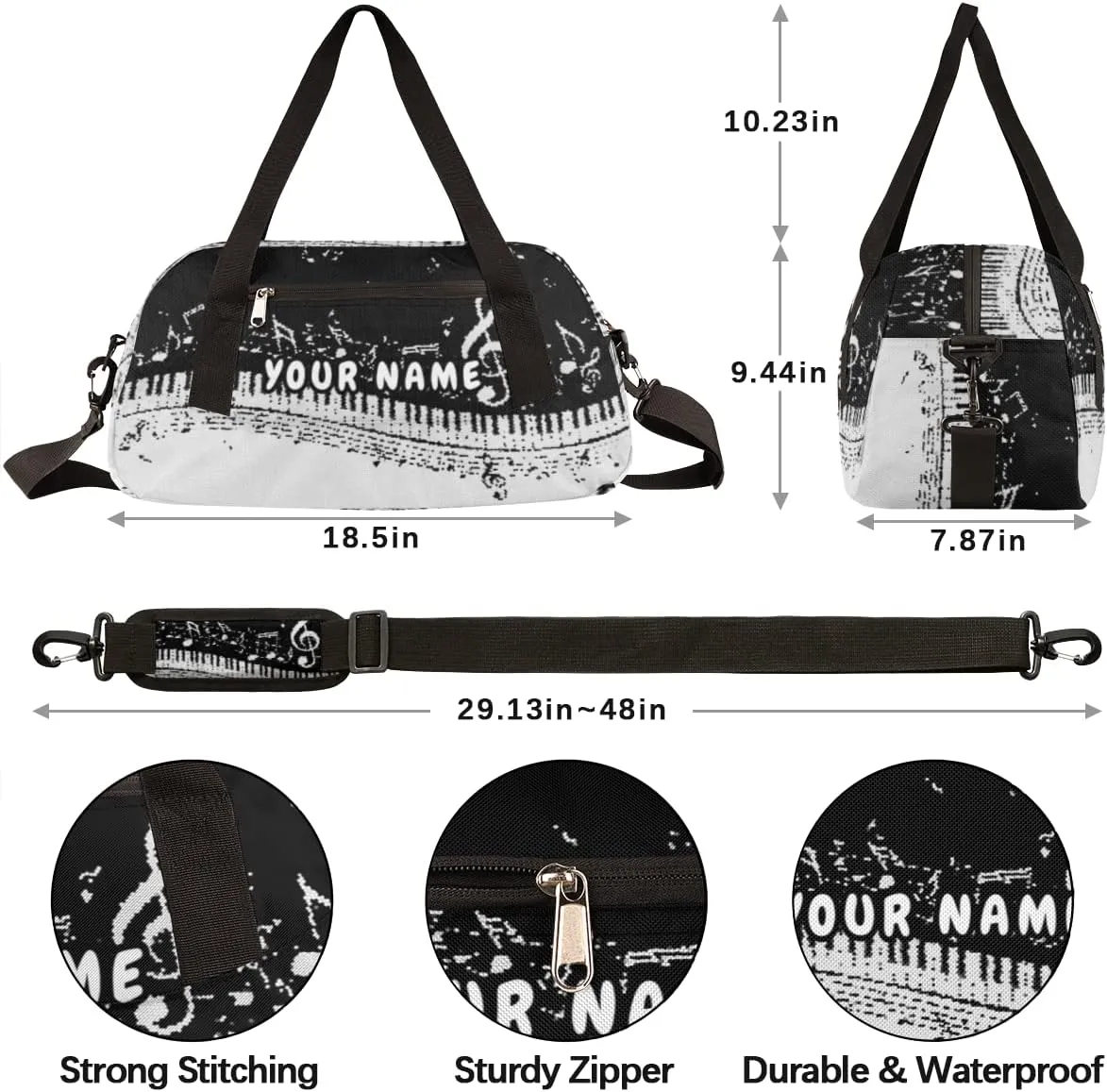 Musical Notes Piano Keys Personalized Kids Duffel Bag for Girls Boys, Piano Debris Custom Name Dance Bag Overnight Small Duffel Bag Carry On Weekend Travel Bag for School Practice Gymnastics Ballet