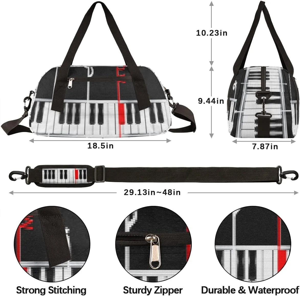 Musical Piano Theme Kids Duffel Bag for Girls Boys Teens, Piano Pixel Wind Dance Bag Overnight Small Duffel Bag Carry On Weekend Sports Gym Travel Bag for School Practice Gymnastics Ballet