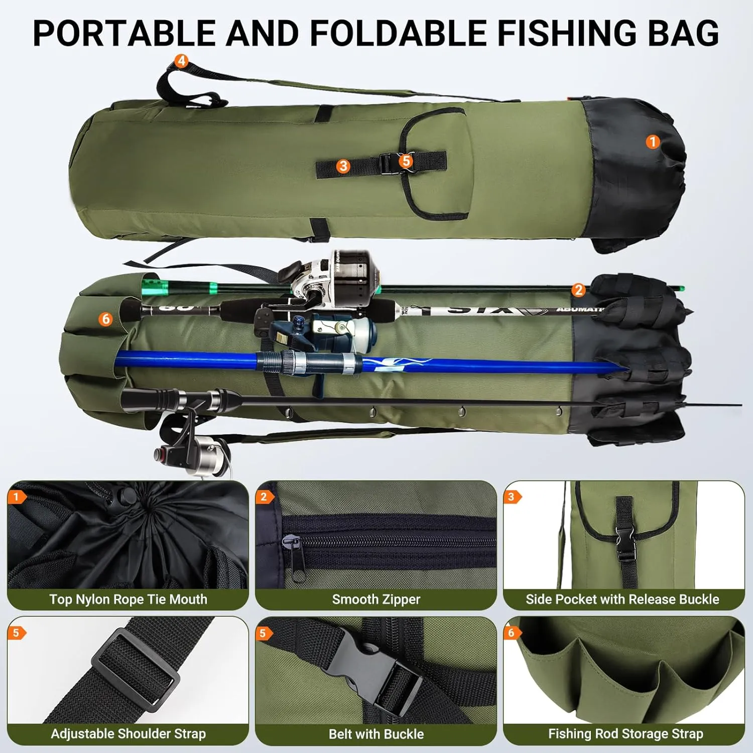 MXiiXM Fishing Rod Carrier, Durable Oxford Fabric Case for Men, Portable Gear Bag - Green