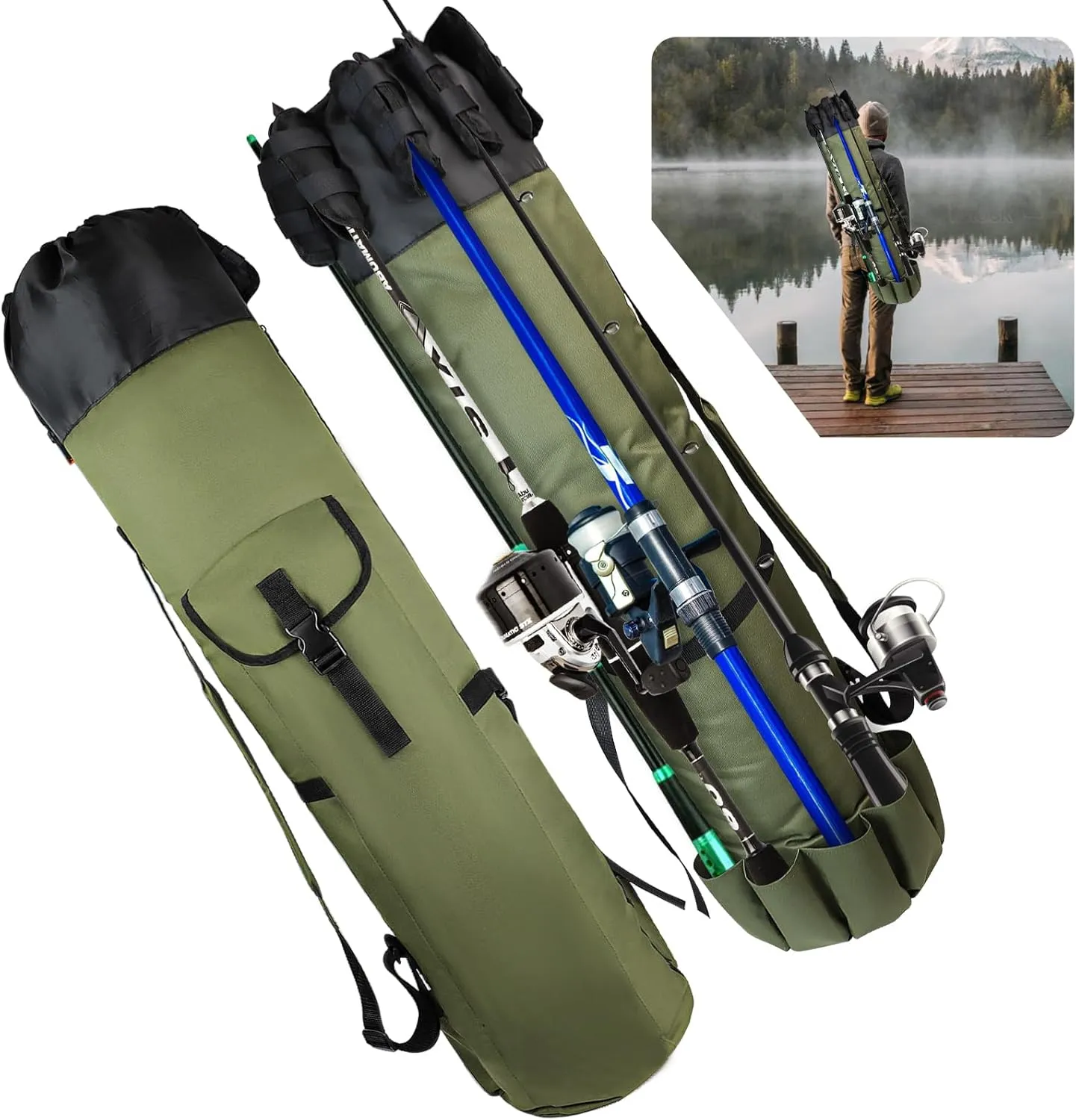 MXiiXM Fishing Rod Carrier, Durable Oxford Fabric Case for Men, Portable Gear Bag - Green