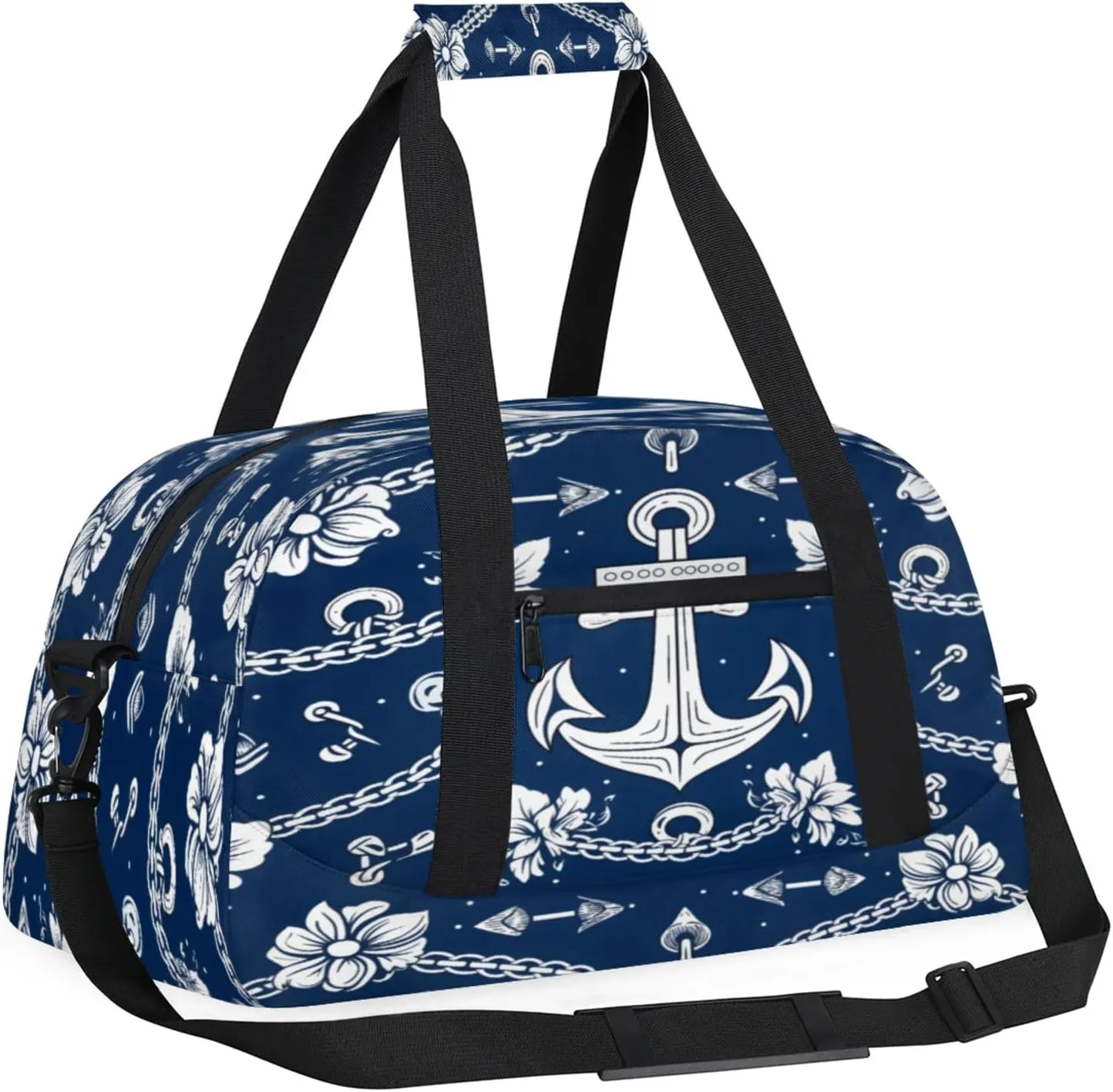 Nautical Flower Anchors Small Gym Bag 18 inch Carry On Duffel Bag for Weekender Travel Sports Workout Yoga Gymnastics Dance Ballet