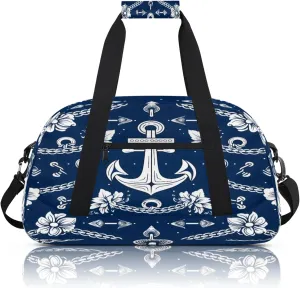 Nautical Flower Anchors Small Gym Bag 18 inch Carry On Duffel Bag for Weekender Travel Sports Workout Yoga Gymnastics Dance Ballet