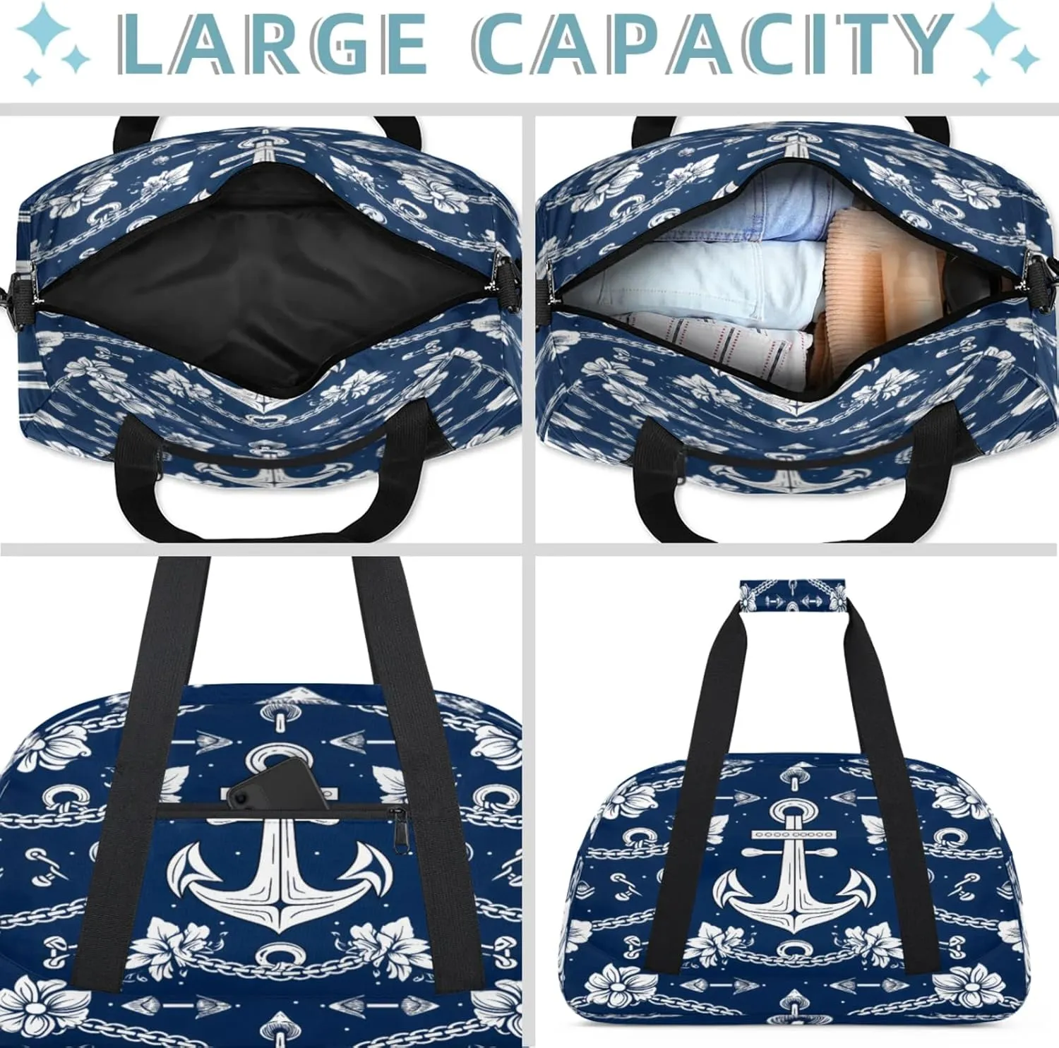 Nautical Flower Anchors Small Gym Bag 18 inch Carry On Duffel Bag for Weekender Travel Sports Workout Yoga Gymnastics Dance Ballet