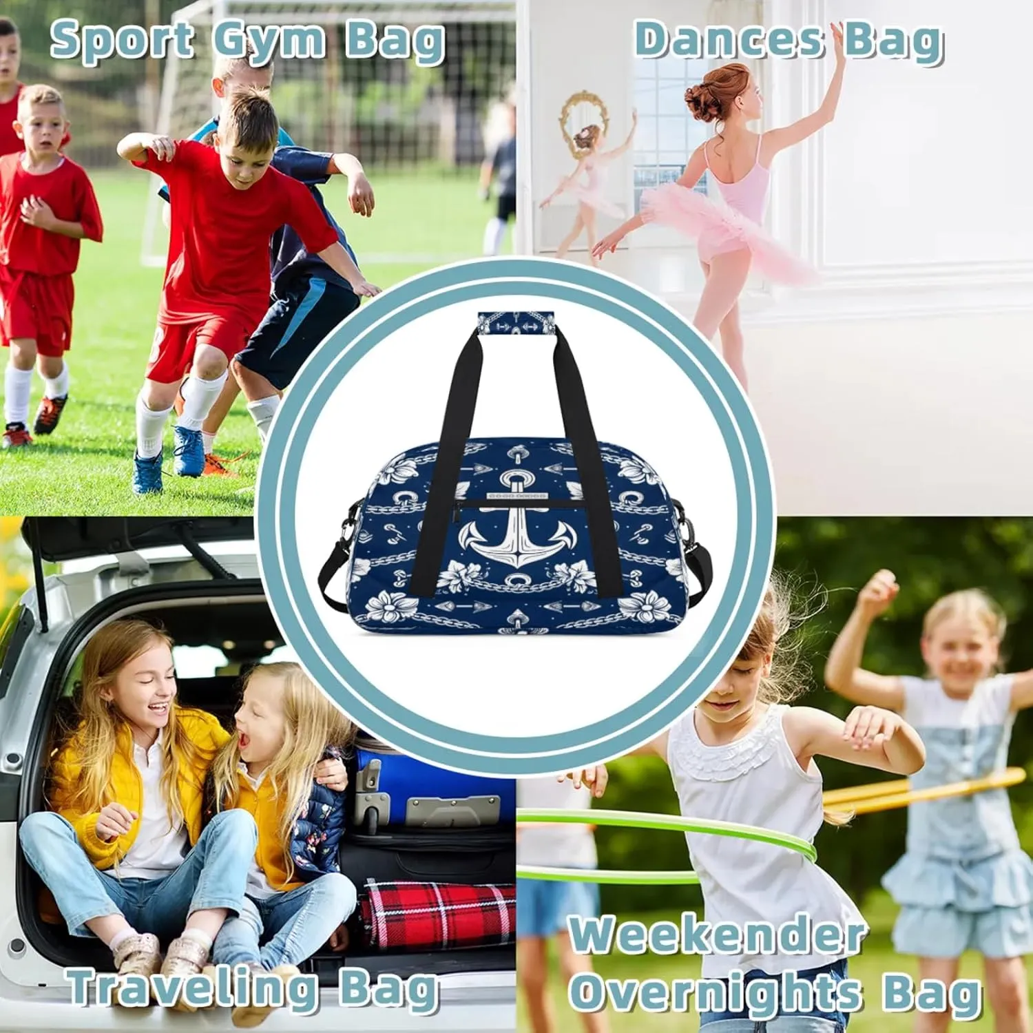 Nautical Flower Anchors Small Gym Bag 18 inch Carry On Duffel Bag for Weekender Travel Sports Workout Yoga Gymnastics Dance Ballet