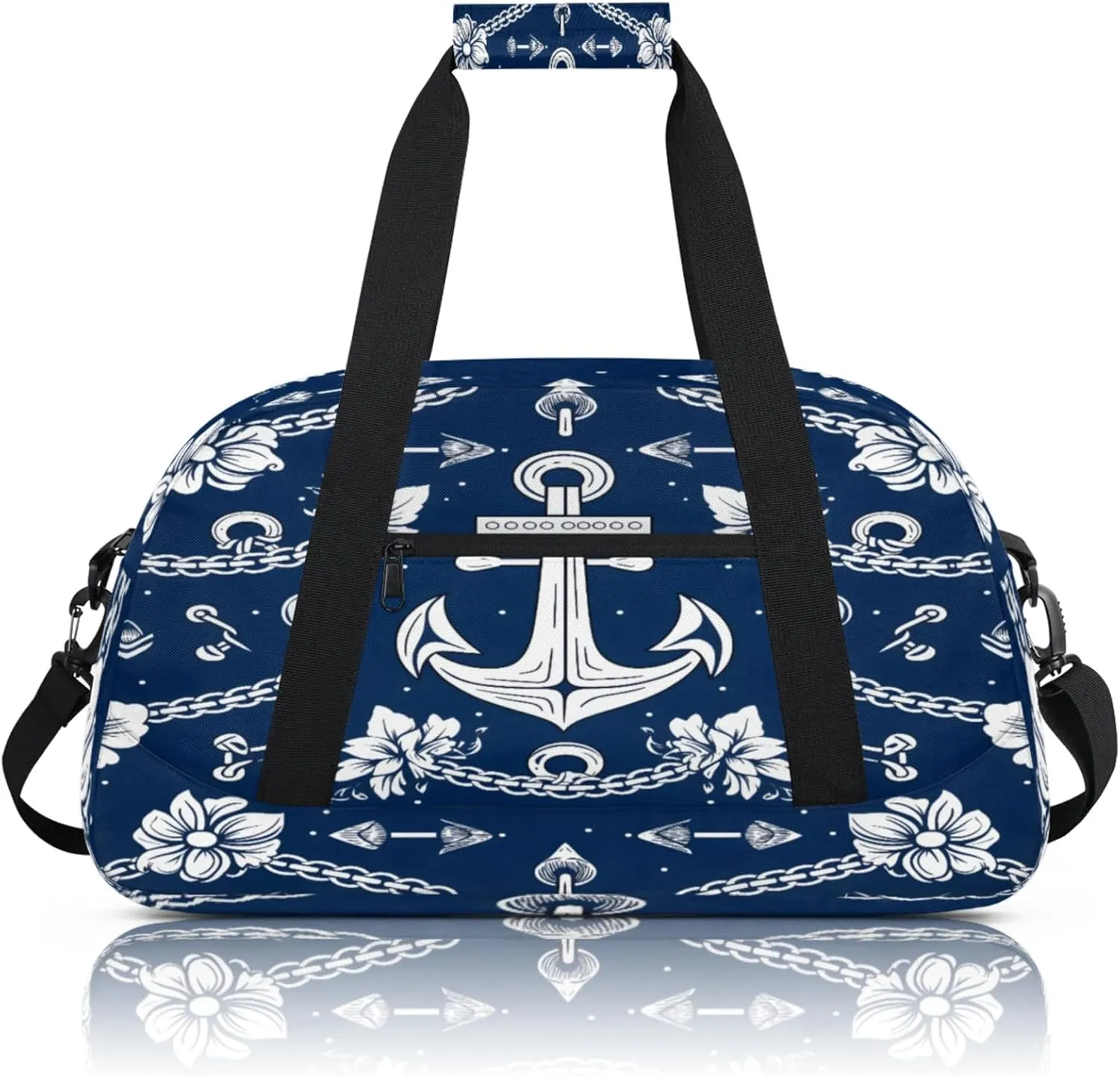 Nautical Flower Anchors Small Gym Bag 18 inch Carry On Duffel Bag for Weekender Travel Sports Workout Yoga Gymnastics Dance Ballet