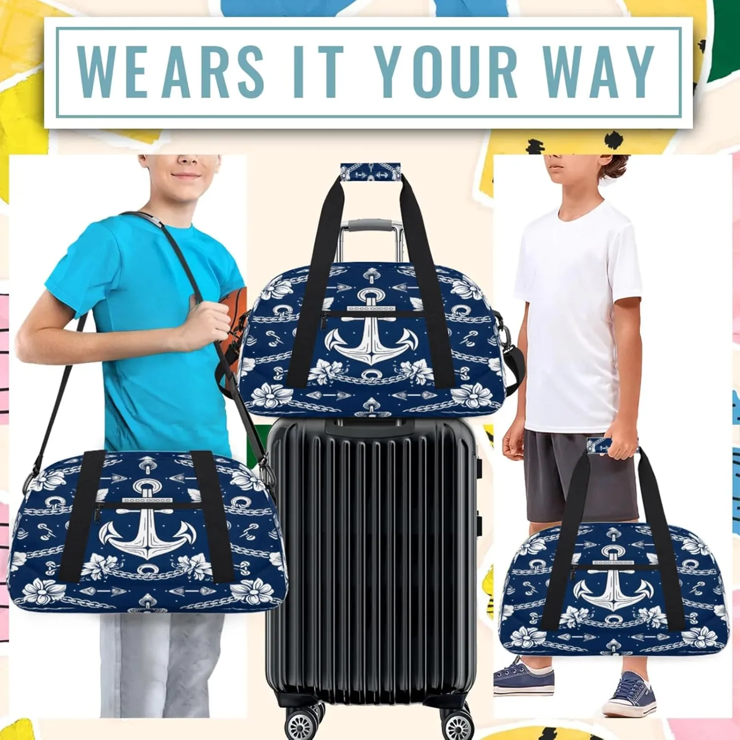 Nautical Flower Anchors Small Gym Bag 18 inch Carry On Duffel Bag for Weekender Travel Sports Workout Yoga Gymnastics Dance Ballet