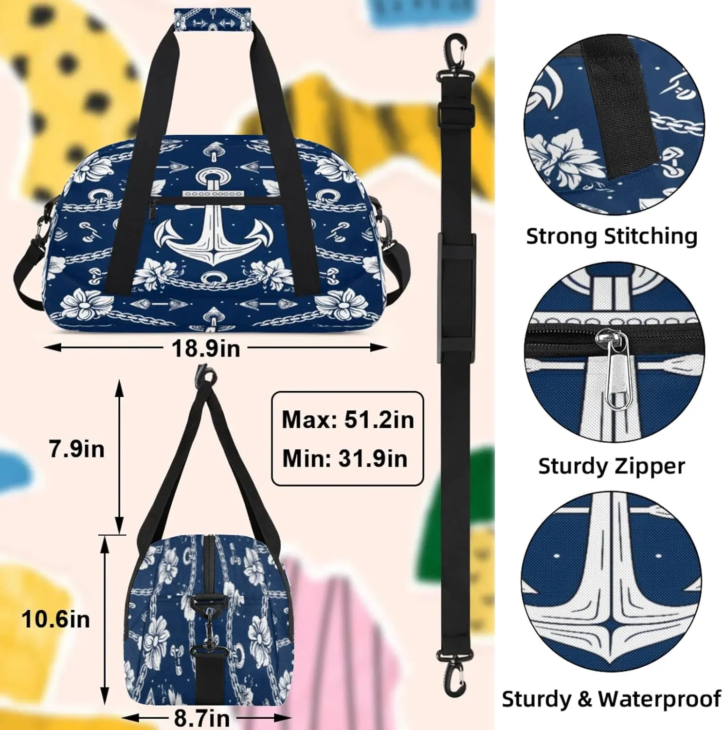 Nautical Flower Anchors Small Gym Bag 18 inch Carry On Duffel Bag for Weekender Travel Sports Workout Yoga Gymnastics Dance Ballet