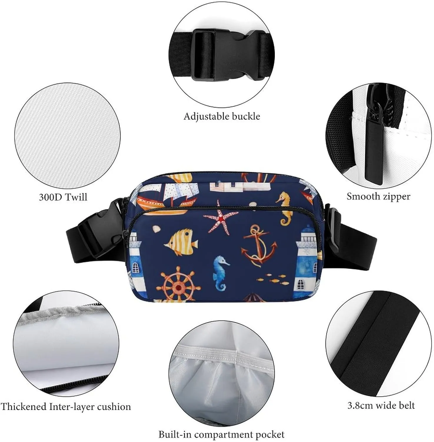 Nautical Large Capacity Portable All Print Waist Bag