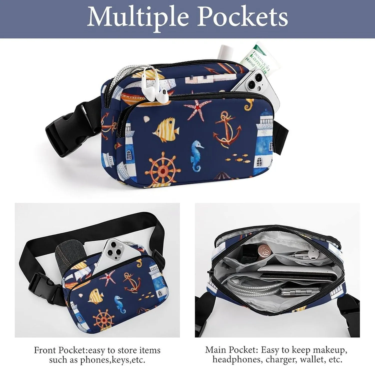Nautical Large Capacity Portable All Print Waist Bag