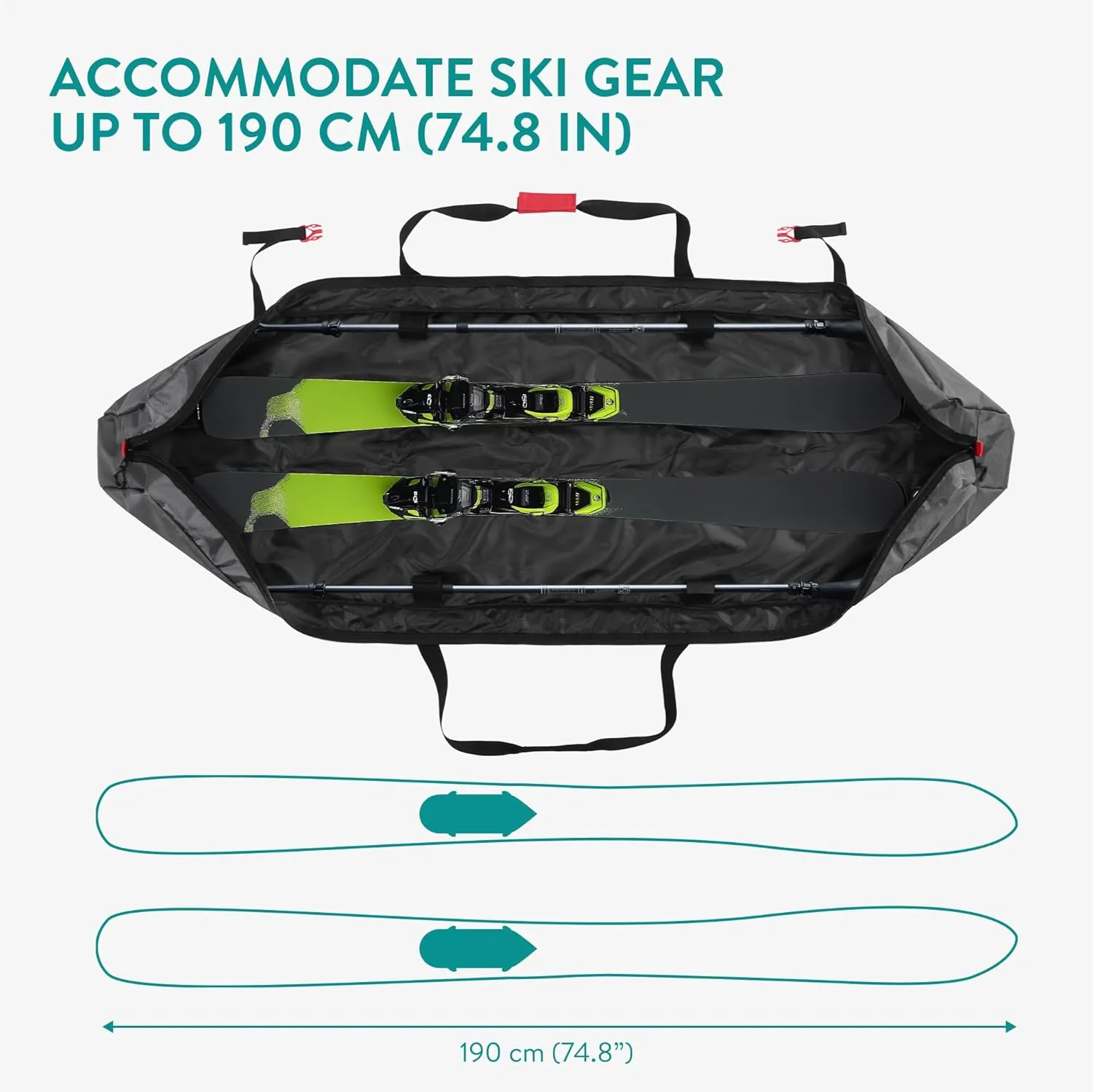Navaris Ski Bag for Men and Women - Ski Bag for 1 Pair of Skis and Poles with Zipper, 2 Straps with Buckles and Carrying Handle - 2 Sizes