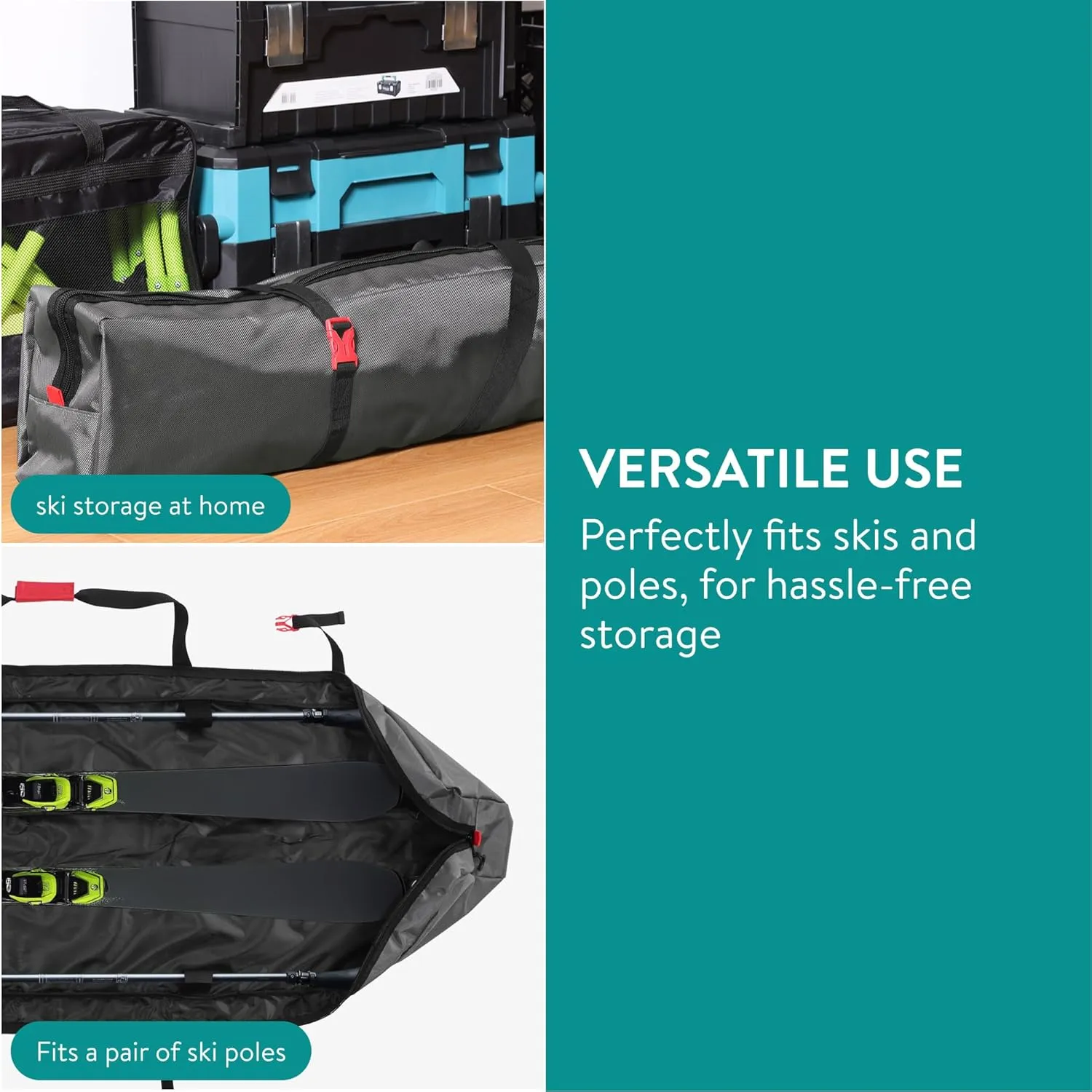 Navaris Ski Bag for Men and Women - Ski Bag for 1 Pair of Skis and Poles with Zipper, 2 Straps with Buckles and Carrying Handle - 2 Sizes