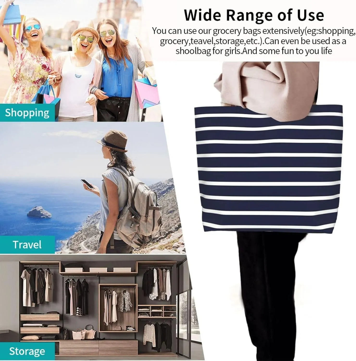 Navy Blue White Stripes horizontal Women's Tote Bag Large Capacity Single Shoulder Bags Handbag for Shopping Work