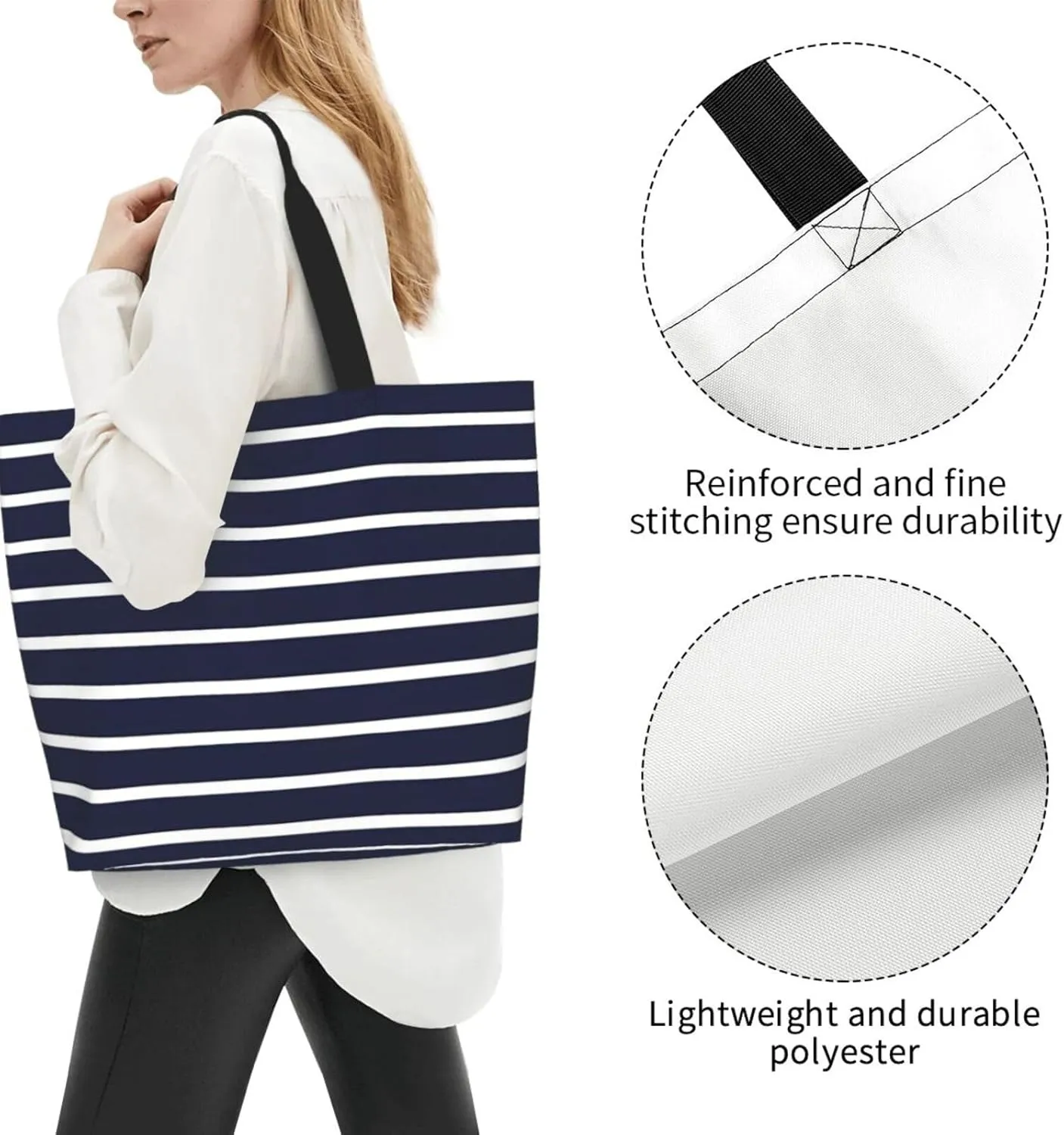 Navy Blue White Stripes horizontal Women's Tote Bag Large Capacity Single Shoulder Bags Handbag for Shopping Work