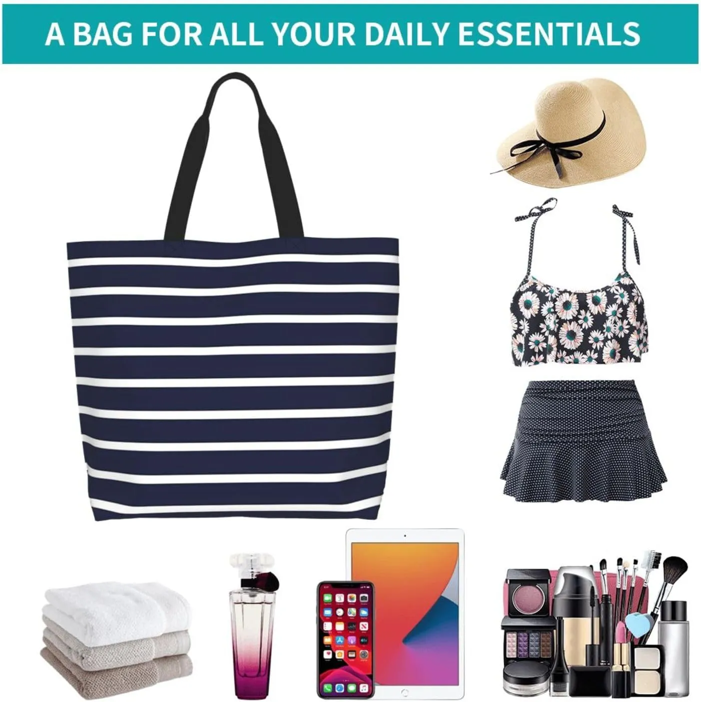 Navy Blue White Stripes horizontal Women's Tote Bag Large Capacity Single Shoulder Bags Handbag for Shopping Work