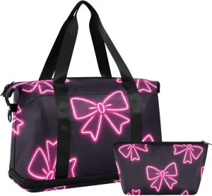 Neon Pink Fluorescent Bow Travel Duffel Bags Large Carry On Bag with Adjustable Strap for Travel Multifunctional