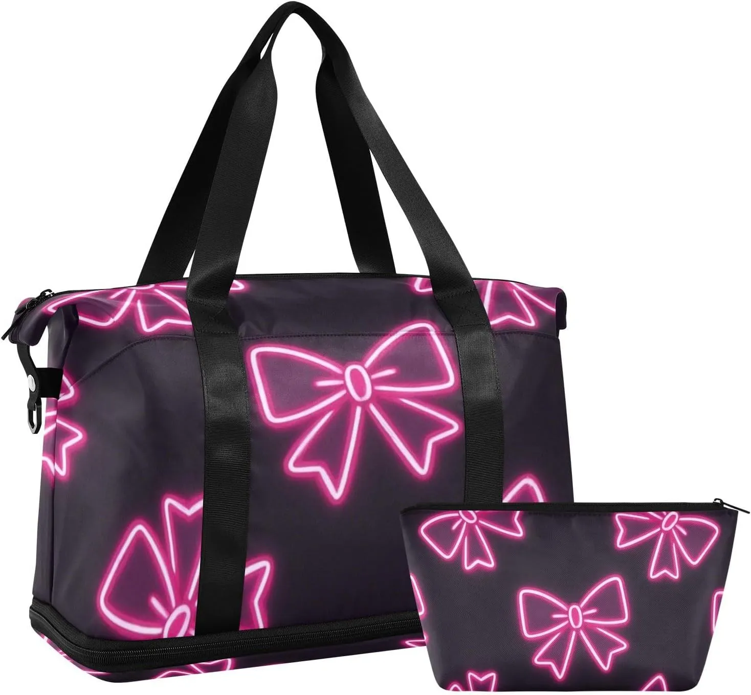 Neon Pink Fluorescent Bow Travel Duffel Bags Large Carry On Bag with Adjustable Strap for Travel Multifunctional