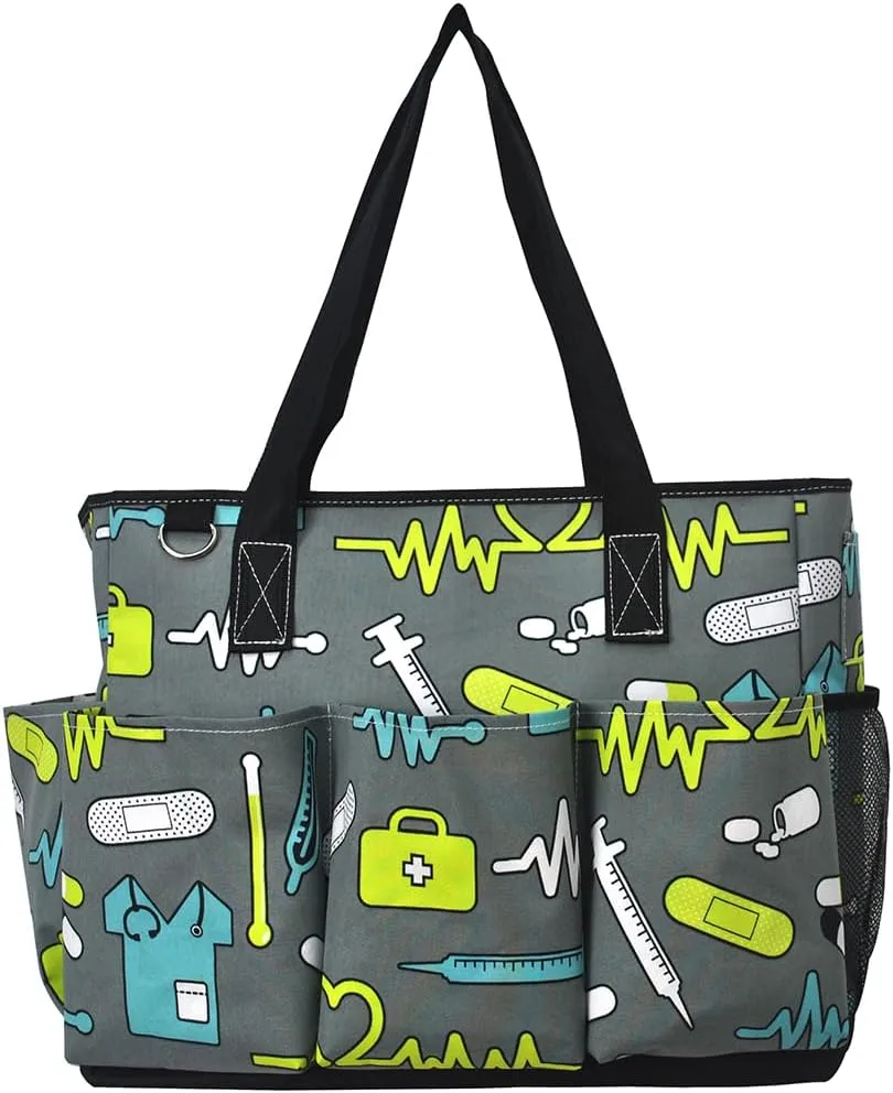 NGIL Large Utility Water Resistant Caddy Teacher Tote Bag with 7 Exterior Pockets, Top Zipper Closure Nurse bag for Work
