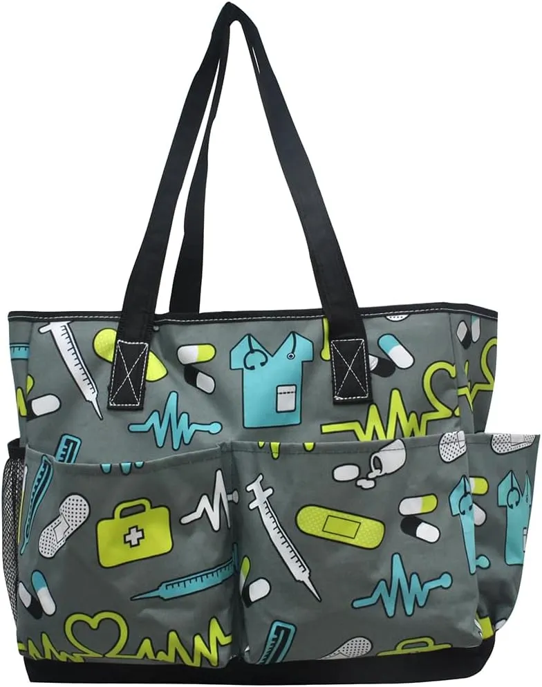NGIL Large Utility Water Resistant Caddy Teacher Tote Bag with 7 Exterior Pockets, Top Zipper Closure Nurse bag for Work