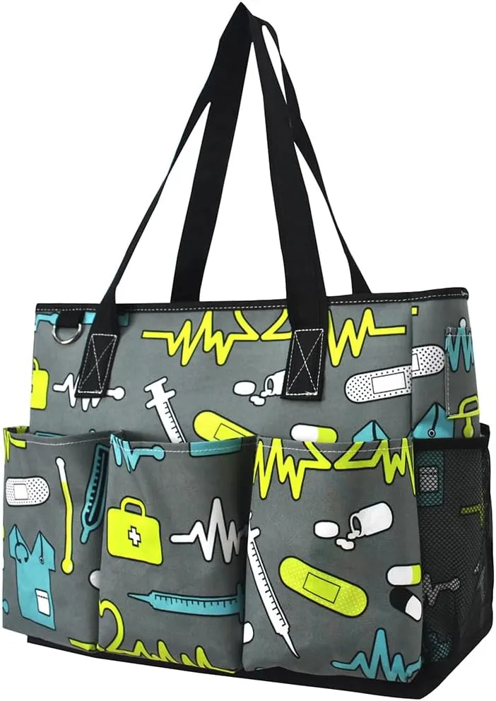 NGIL Large Utility Water Resistant Caddy Teacher Tote Bag with 7 Exterior Pockets, Top Zipper Closure Nurse bag for Work