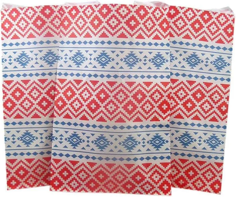 N'icePackaging 200 Qty 6" x 9" Decorative Flat Paper Gift Bags - Tribal Pattern on White Kraft Bags - For Sales/Treats/Parties Cookies/Gifts