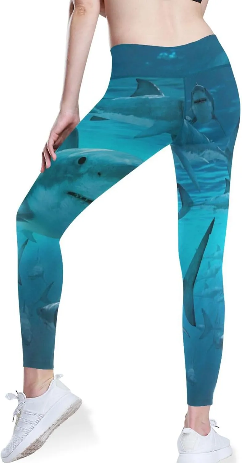 Ocean Sharks High Waisted Leggings for Women - Full Length Capri Buttery Soft Yoga Pants for Workout Athletic