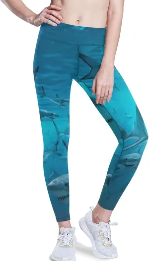 Ocean Sharks High Waisted Leggings for Women - Full Length Capri Buttery Soft Yoga Pants for Workout Athletic