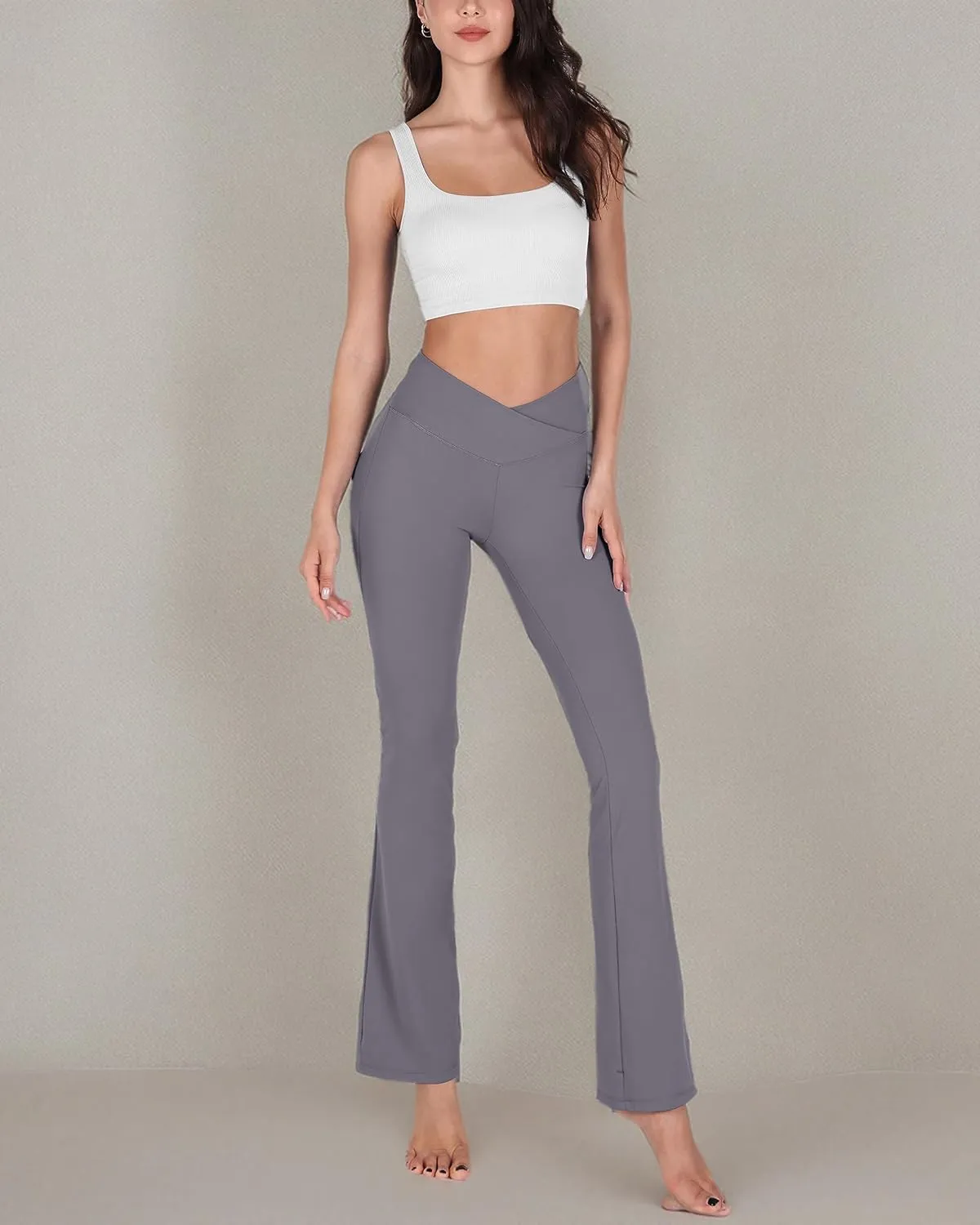 ODODOS Women's Cross Waist Bootcut Yoga Pants with Inner Pocket, Non See Through Bootleg Gym Workout Pants