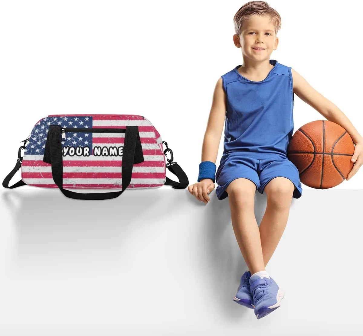 Old America Flag Personalized Kids Duffel Bag for Girls Boys, Flag Debris Custom Name Dance Bag Overnight Small Duffel Bag Carry On Weekend Sports Travel Bag for School Practice Gymnastics Ballet